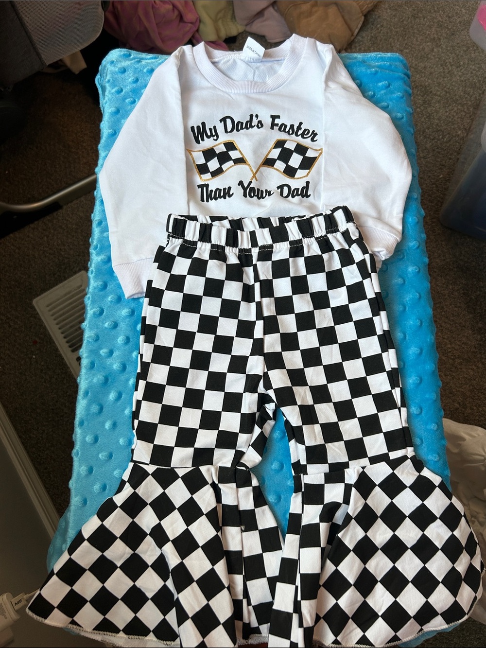 White Racing Flag Top with Black & White Checkered Ruffle Pants